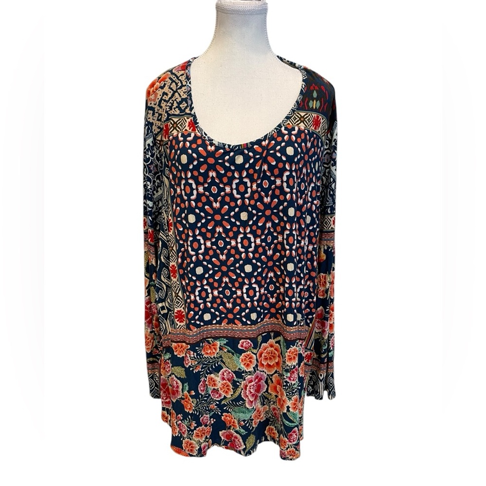 Johnny Was Women's Mixed Print Long Sleeve T-Shirt Bamboo Blend Sz:2X